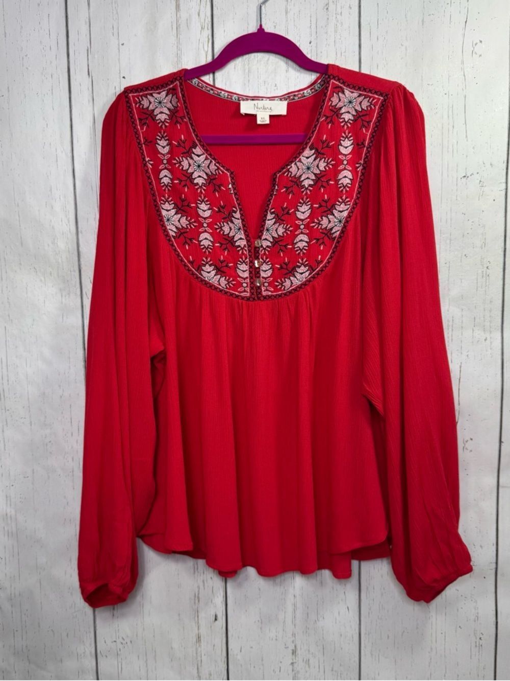 Nurture Westbound Red Embroidered Boho Peasant Blouse XL Cottagecore Folk Flowy